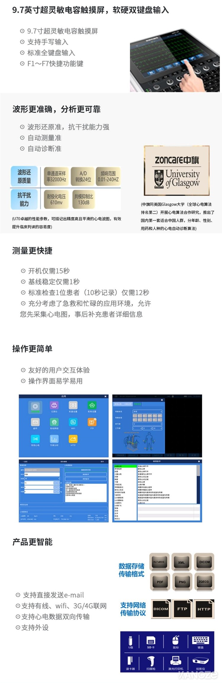 武漢中旗zoncare-U70高端十二道心電圖機產品詳情